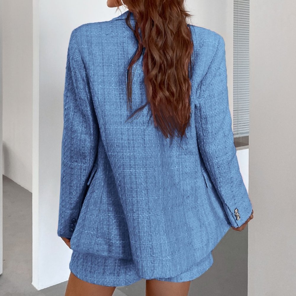 Chic Double Button Tweed Blazer Workwear Blue - Picture 3 of 5